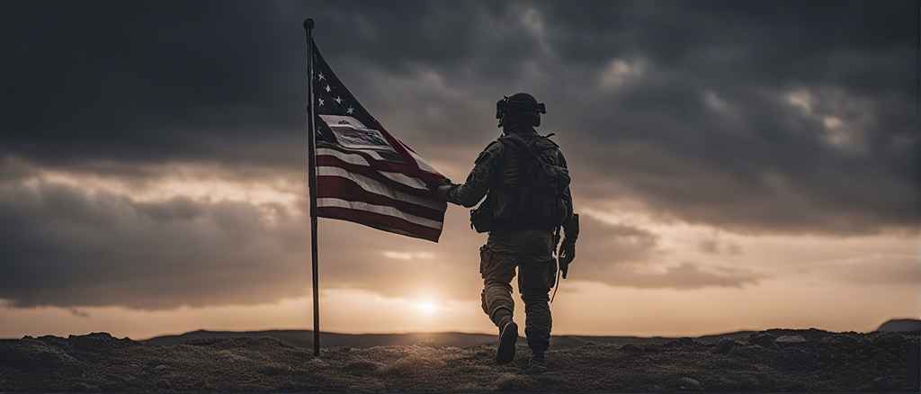 Military soldier stand with American Flag