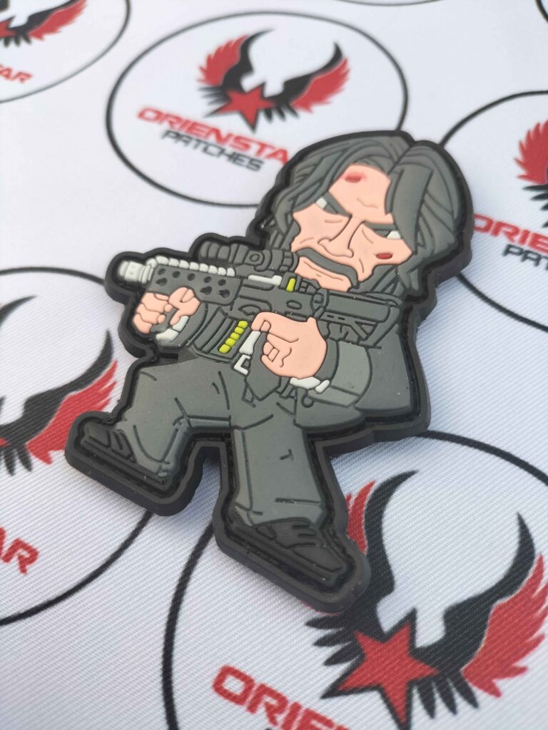 Angry tactical shooter in black suit have a gun pvc patch