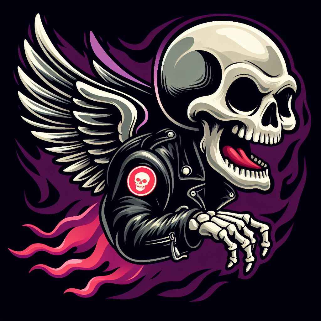 Skull flying with wings and fire patches design